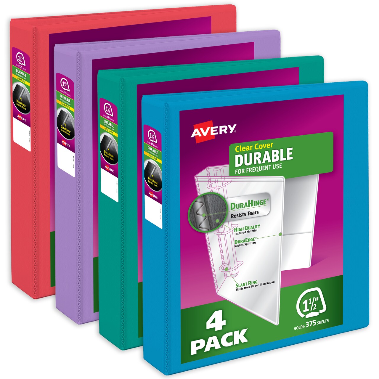 Avery Durable View 3 Ring Binders, 1.5 Inch Slant Rings, 375-Sheet Capacity, DuraHinge, 2.1 Inch Wide Spine, Customizable Clear Covers and Spine, Assorted Bright Colors (4-Pack of 05687)
